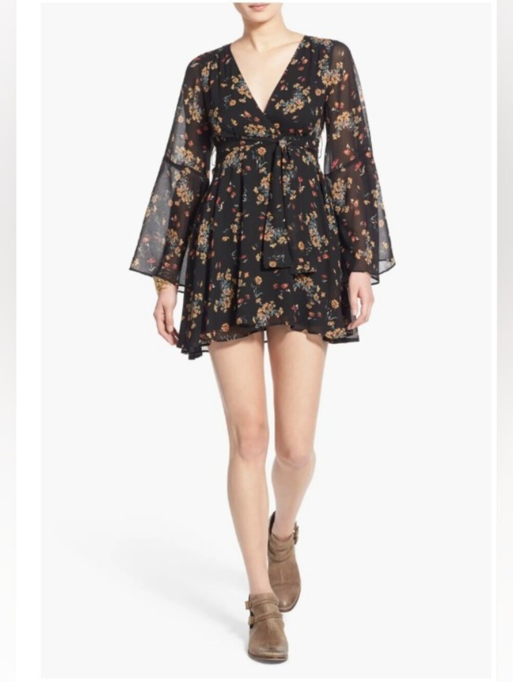 Free People Black Floral V-Neck Tie-Waist Mini Dress Size M